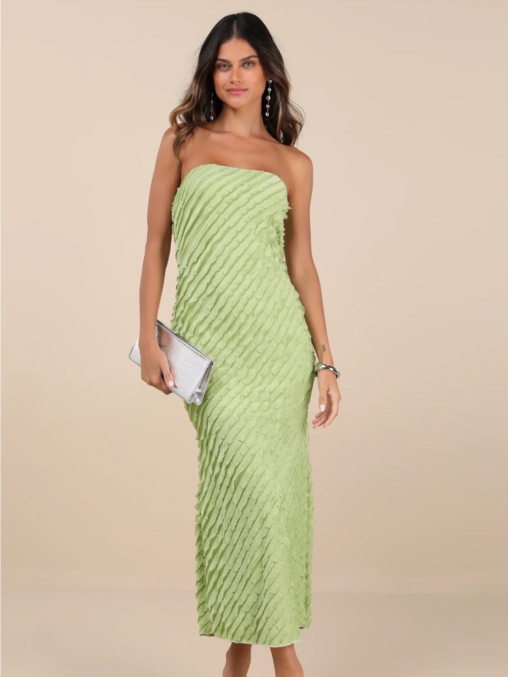 Lulu's Faelyn Light Green Strapless Ruffled Midi Dress